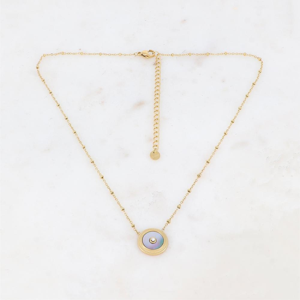 Collier avec une pampille ronde ornée d'une nacre grise et d'un strass 39+7 cm