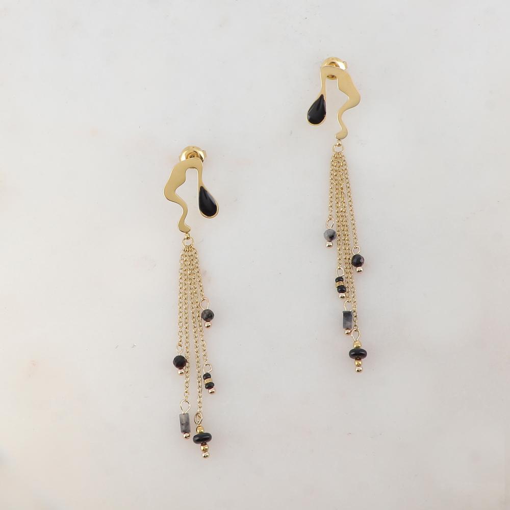 B.O à puce pendantes avec pièce émaillée, 4 chaînes, pierres naturelles 1,1 x 7,8 CM