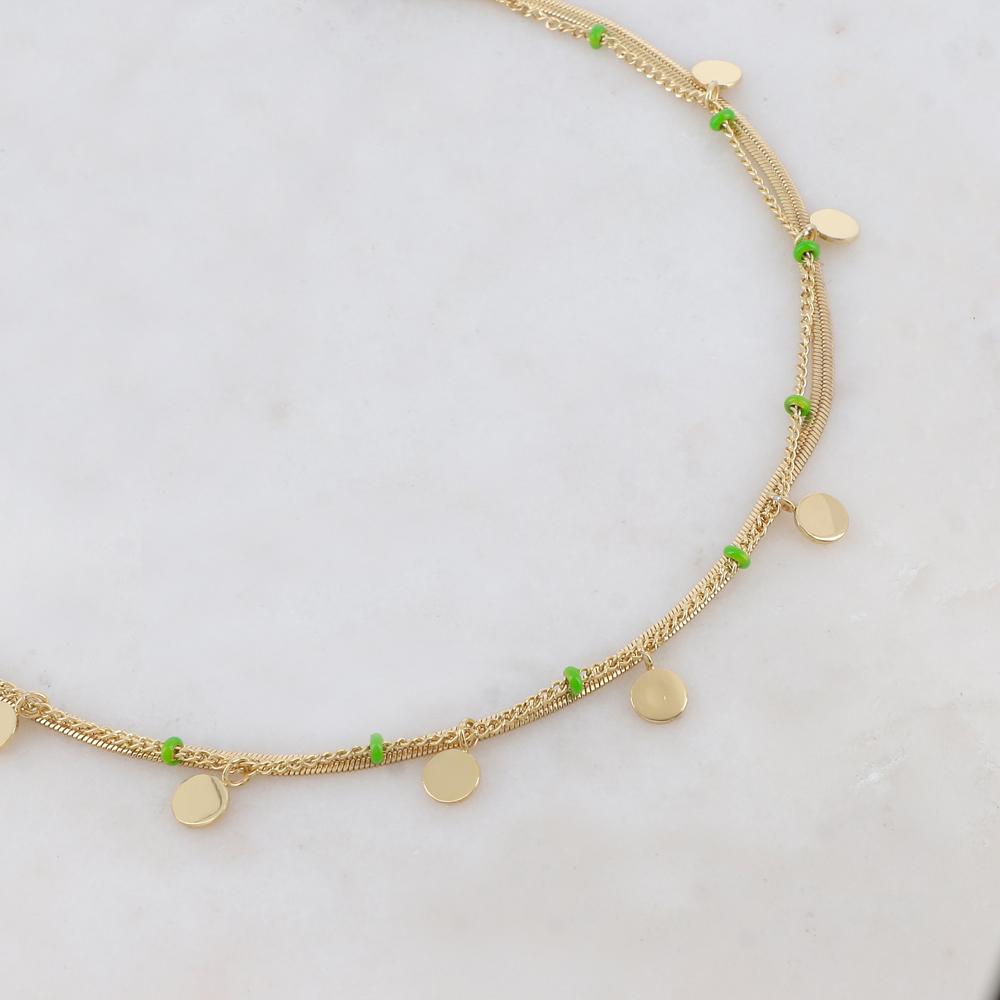 Collier 2 rangs doré avec maille miroir composé de pampilles rondes lisse et de petites rondelles émaillées vertes 38/40+5 cm