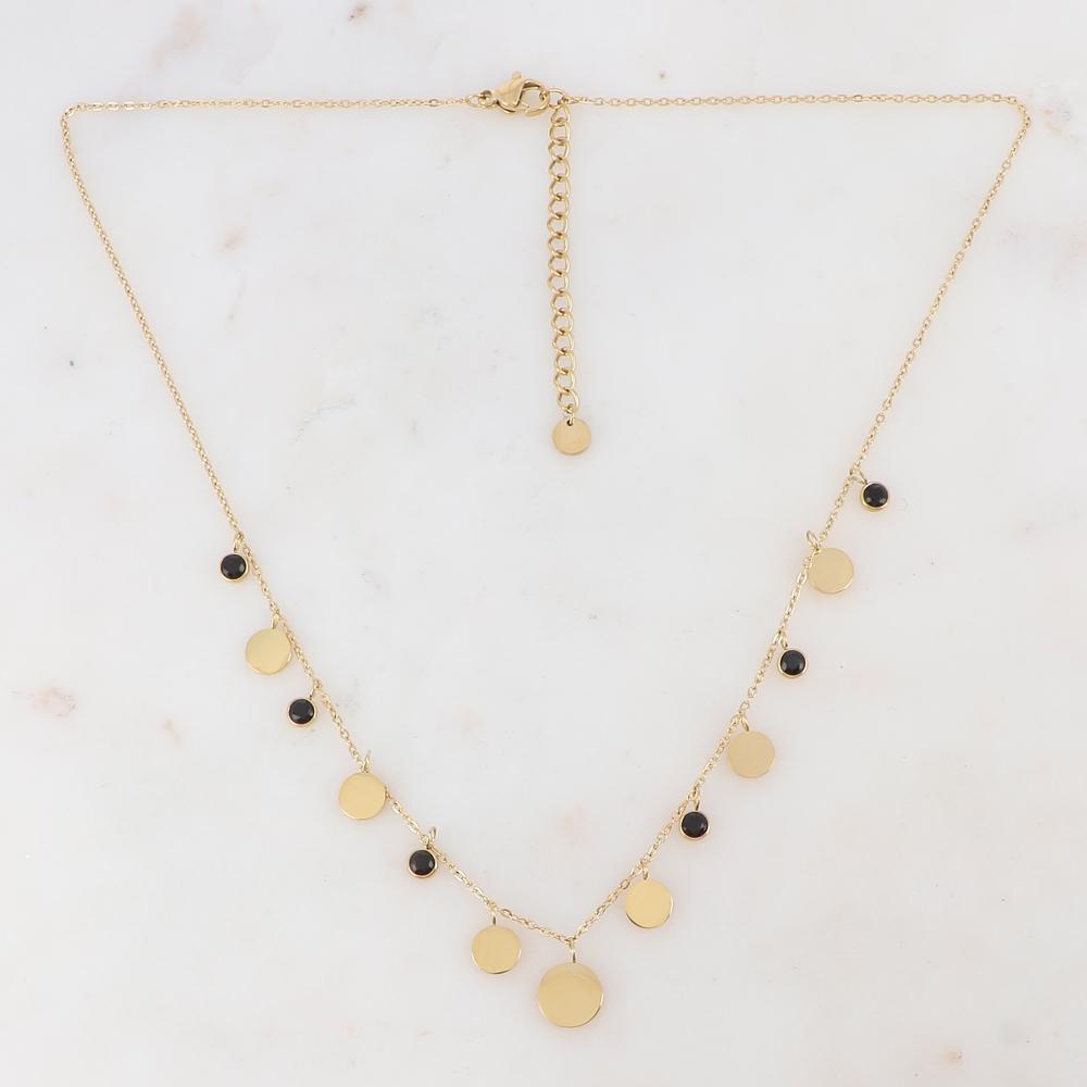 Collier doré avec pampilles rondes et strass noirs 40+5 cm