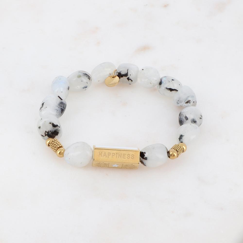 Bracelet élastique avec pierres naturelles, boules, chaînes torsadées, pièce géométrique en 5 faces - Pierre de lune blanche