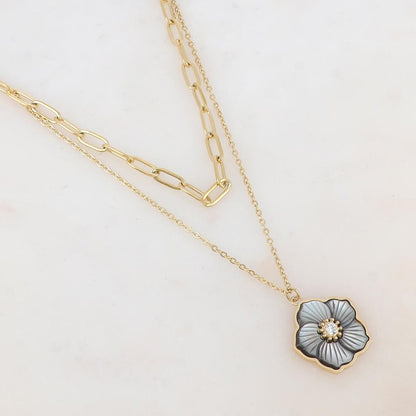 Collier 2 rangs avec maille, pendentif fleur en nacre, strass (38/42+7CM)