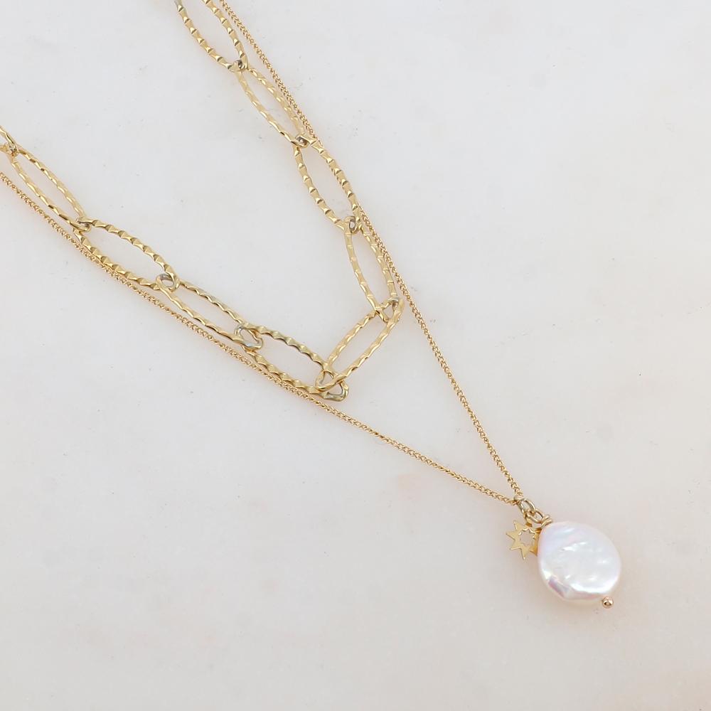 Collier en maille 2 rangs avec pendentif perle d'eau douce (38/42+7CM)