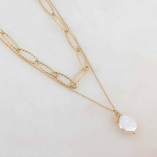 Collier en maille 2 rangs avec pendentif perle d'eau douce (38/42+7CM)