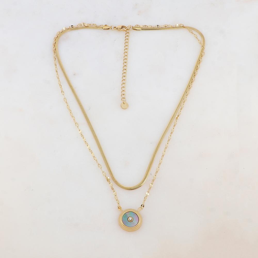 Collier double rangs doré avec une pampille ronde ornée d'une nacre grise 38/42,5+7 cm