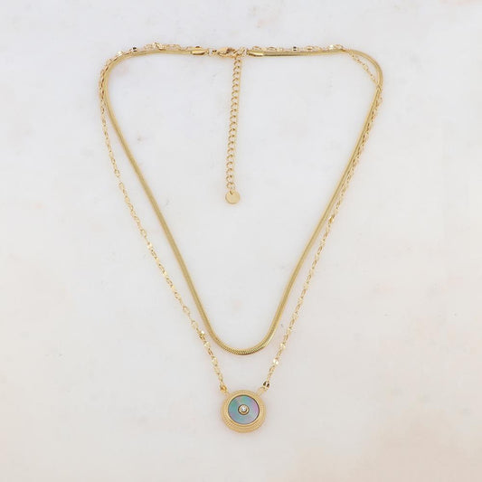Collier double rangs doré avec une pampille ronde ornée d'une nacre grise 38/42,5+7 cm