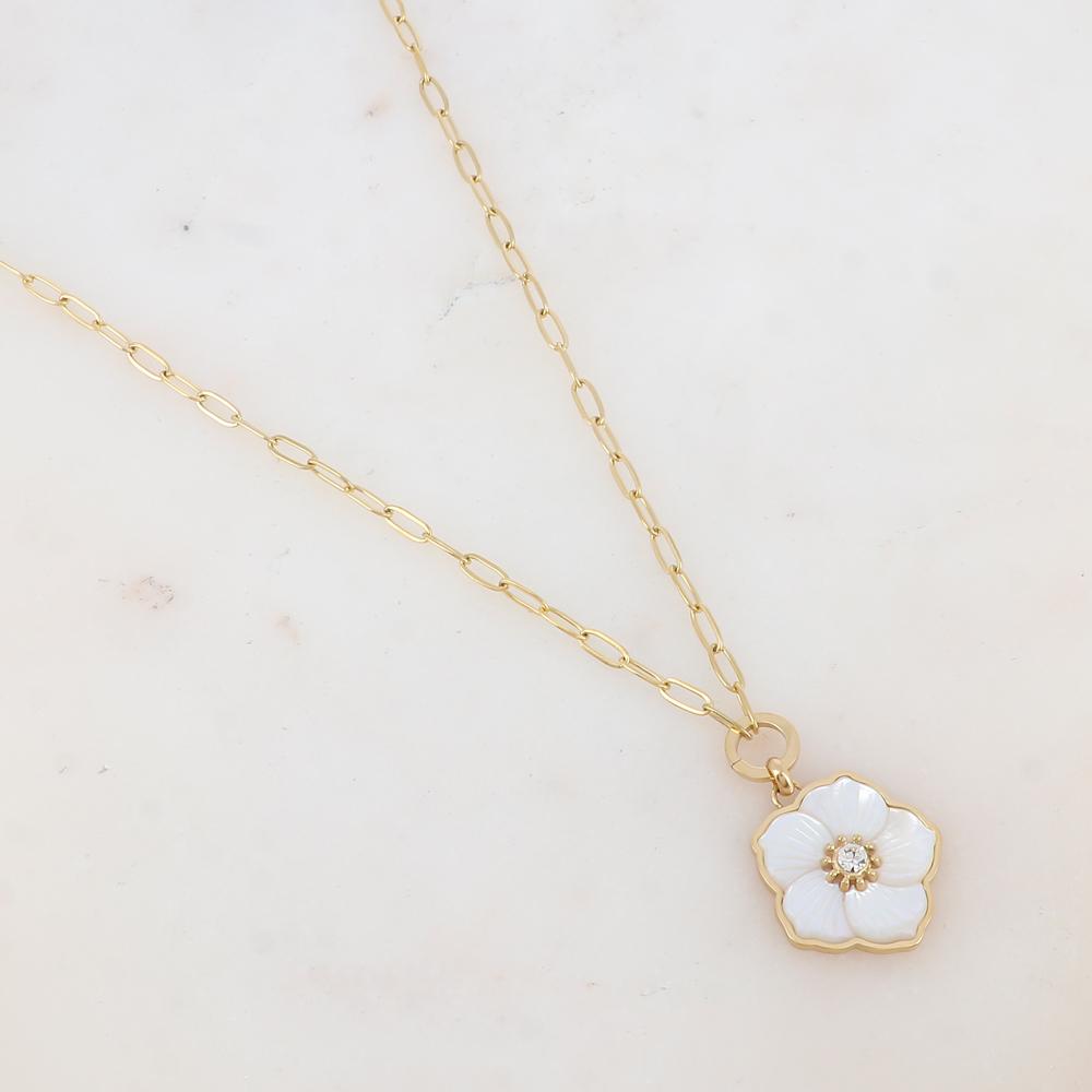 Collier avec pendentif fleur en nacre, strass (45+5CM)