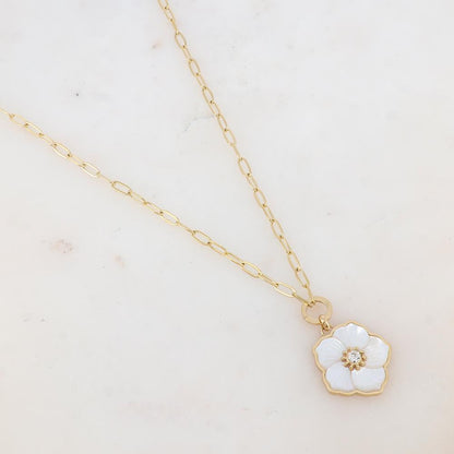 Collier avec pendentif fleur en nacre, strass (45+5CM)