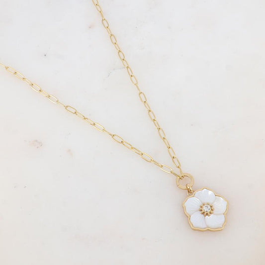 Collier avec pendentif fleur en nacre, strass (45+5CM)