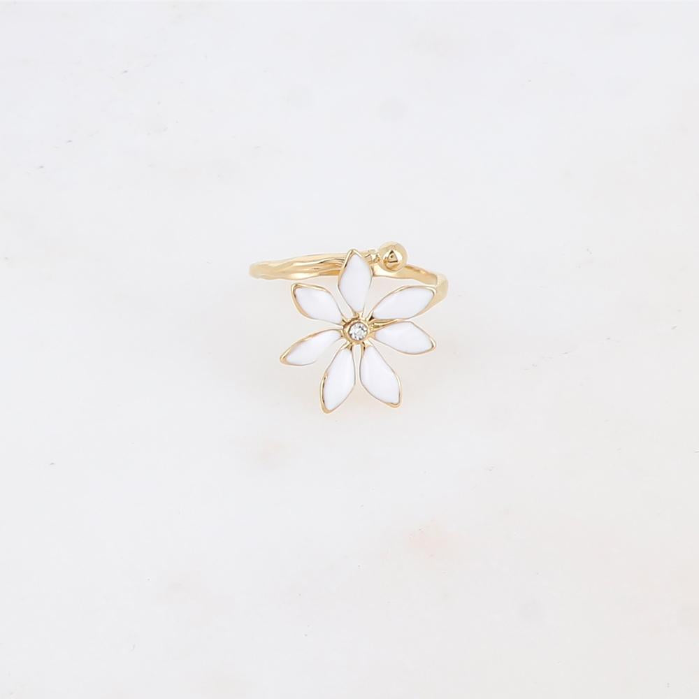 Bague fine avec fleur émaillée et strass - Blanc