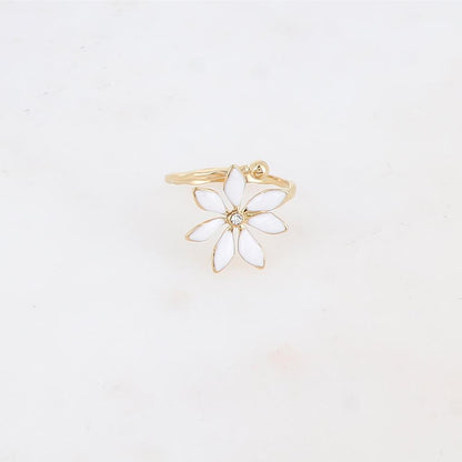 Bague fine avec fleur émaillée et strass - Blanc