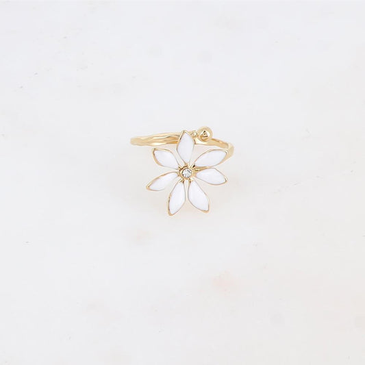 Bague fine avec fleur émaillée et strass - Blanc