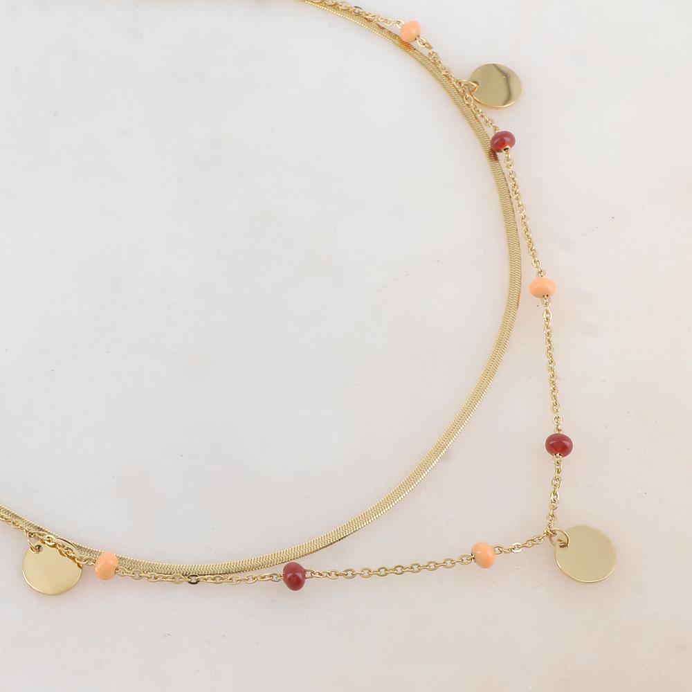 Sautoir 2 rangs avec maille miroir, pampilles rondes et perles emaillées rouges et oranges 80/90+10 cm