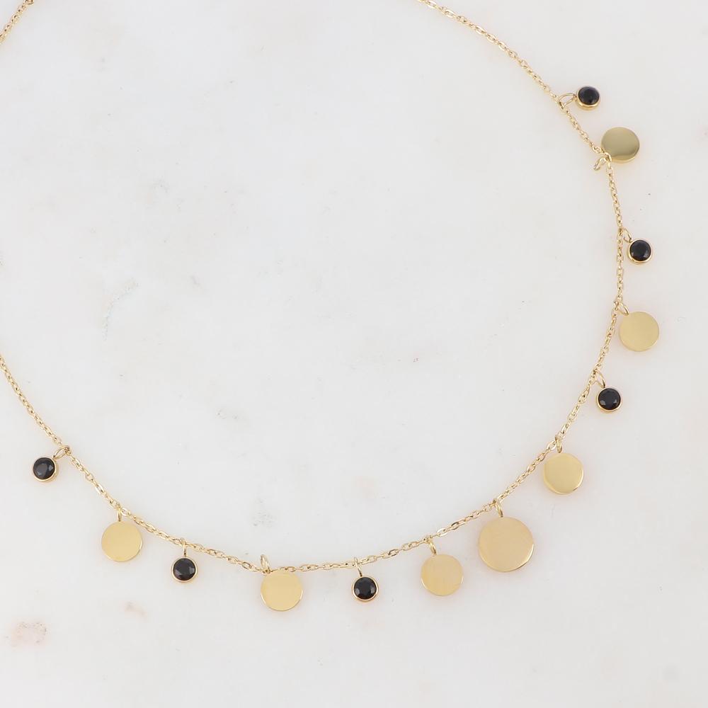Collier doré avec pampilles rondes et strass noirs 40+5 cm