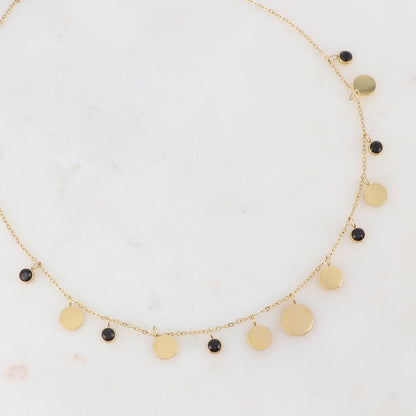 Collier doré avec pampilles rondes et strass noirs 40+5 cm