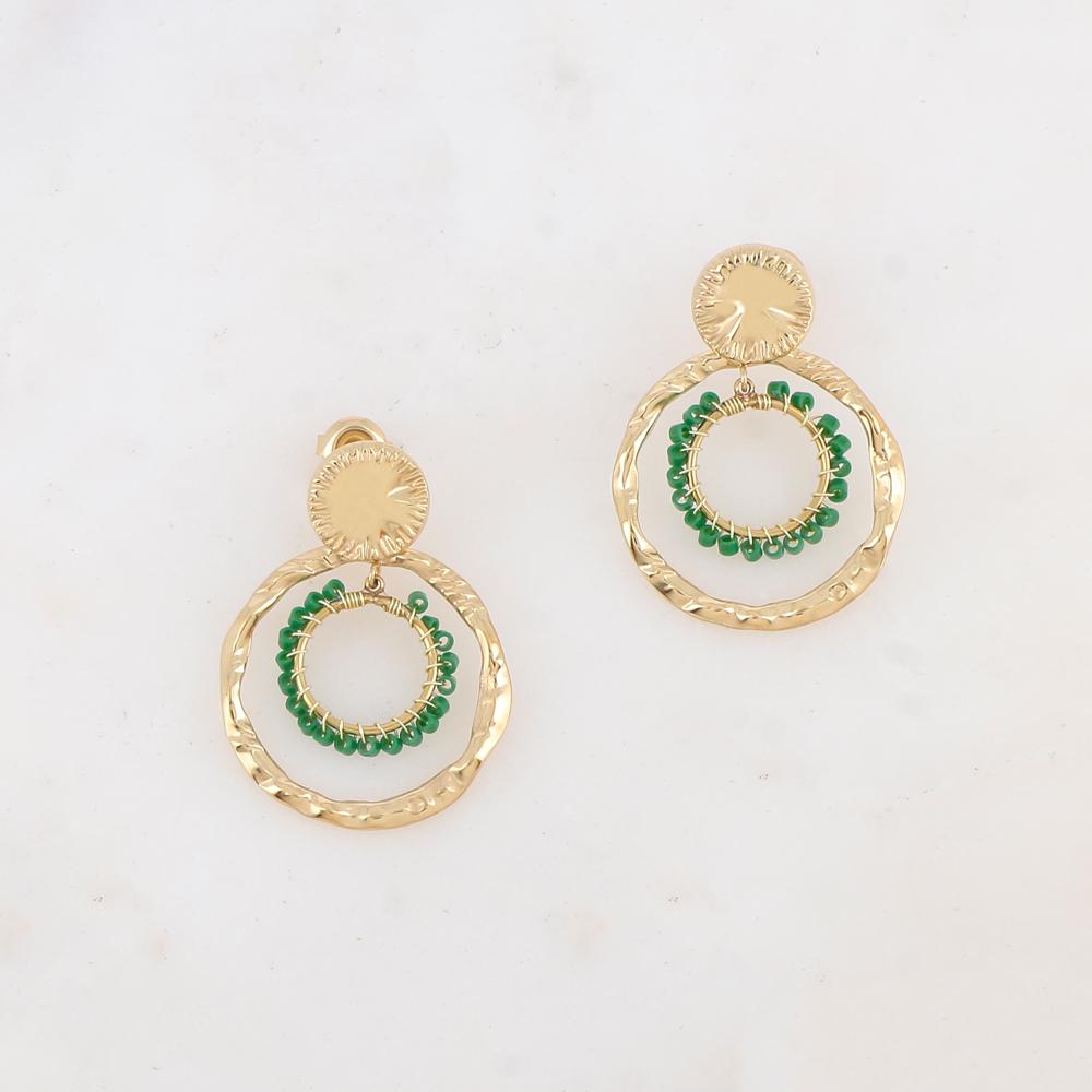 B.O à puce avec pièce ronde, 2 anneaux et perles de rocaille 2,6 x 3,6 cm