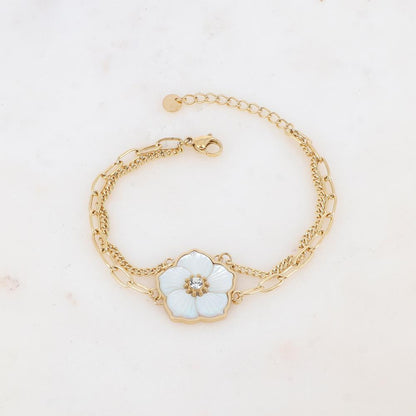 Bracelet deux rangs avec fleur en pierre naturelle, strass