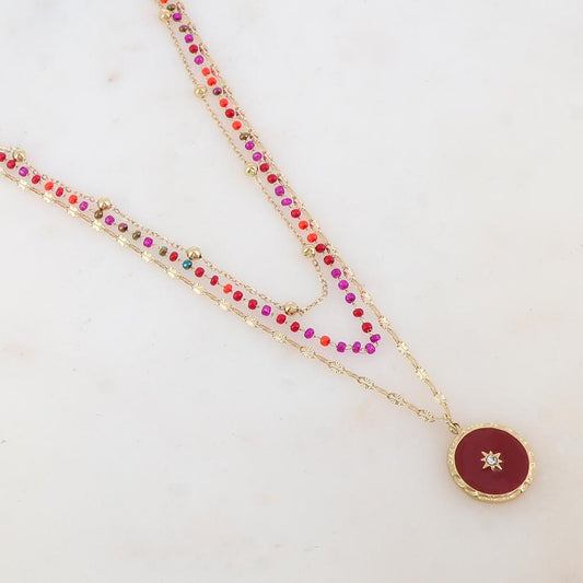 Collier 3 rangs avec perles émaillées, petites boules, pendentif rond émaillé, étoile et strass (40/42/45+5CM)
