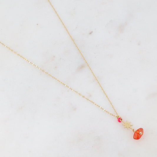 Collier doré composé d'une étoile, d'une petite rondelle rose et d'une pierre cornaline 40+5 cm