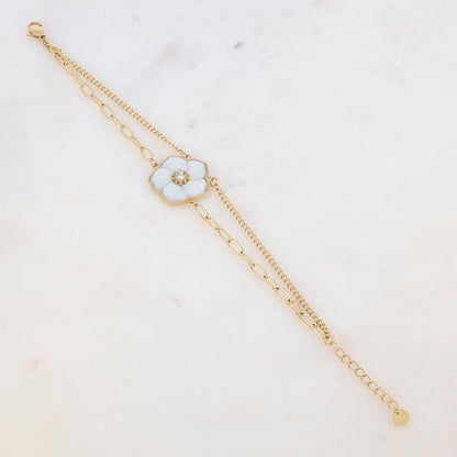 Bracelet deux rangs avec fleur en pierre naturelle, strass