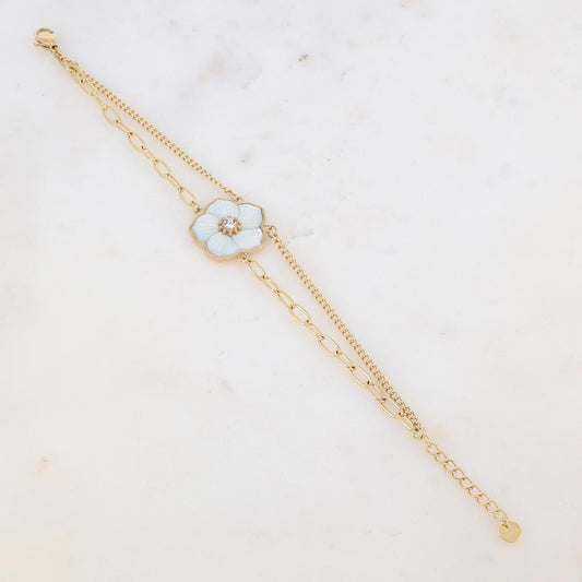 Bracelet deux rangs avec fleur en pierre naturelle, strass