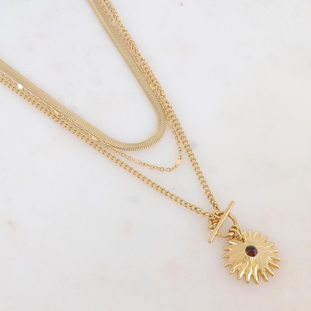 Collier 3 rangs avec maille miroir, pendentif feuillage et pierre naturelle (38/44/55+7CM)