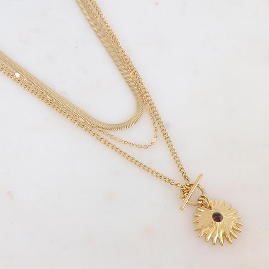 Collier 3 rangs avec maille miroir, pendentif feuillage et pierre naturelle (38/44/55+7CM)