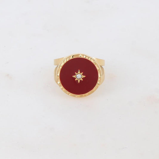 Bague avec pièce ronde émaillée, étoile et strass - Bordeaux