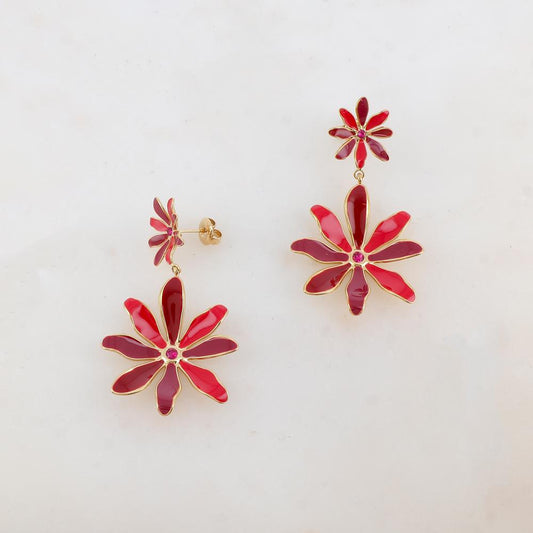 B.O à puce avec 2 fleurs émaillées et 2 strass 2,8 x 5 cm.