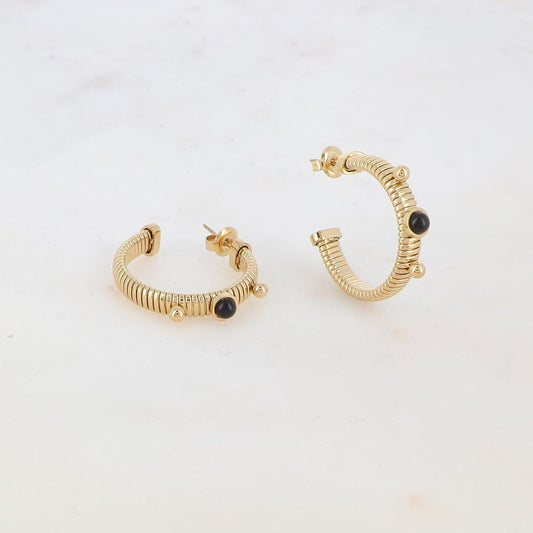Créoles à puce rainurées avec 2 petites boules et 1 pierre naturelle ronde 2,7 x 3 CM.