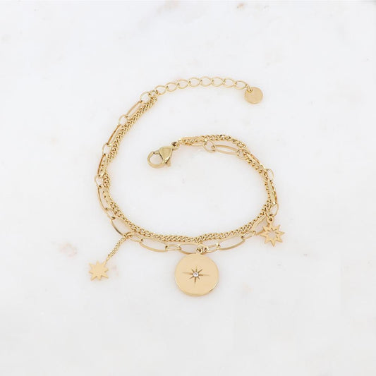 Bracelet en jeu de mailles 2 rangs avec pampilles étoiles, pièce ronde, étoile et strass