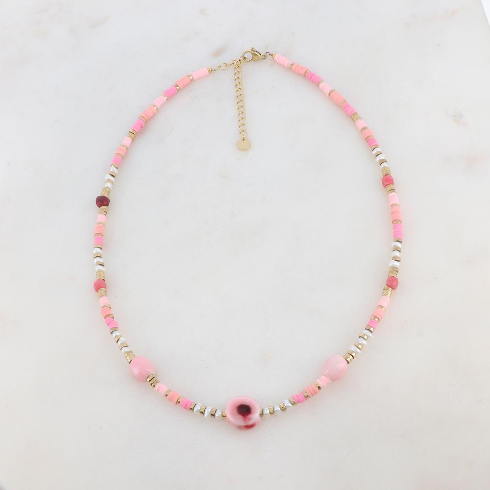 Collier doré avec des perles en céramique émaillée, des perles heishi roses, et des perles d'eau douce 39+5 cm