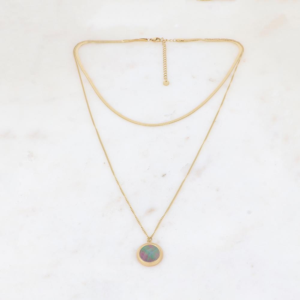 Collier 2 rangs avec une pampille ronde ornée d'une nacre naturelle grise 39/56+7 cm