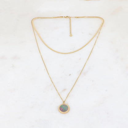 Collier 2 rangs avec une pampille ronde ornée d'une nacre naturelle grise 39/56+7 cm