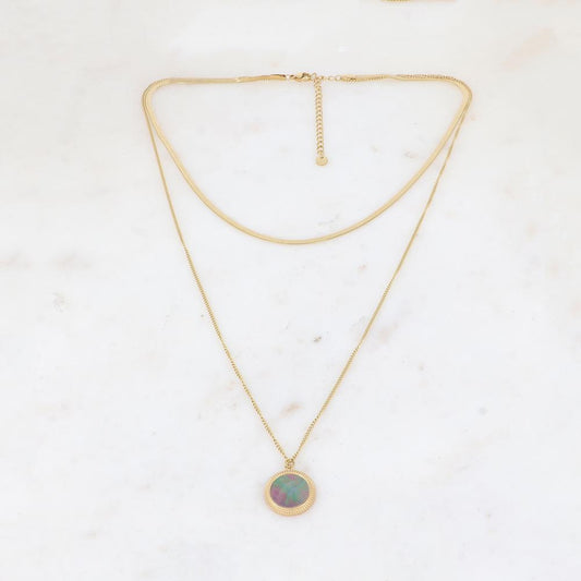 Collier 2 rangs avec une pampille ronde ornée d'une nacre naturelle grise 39/56+7 cm