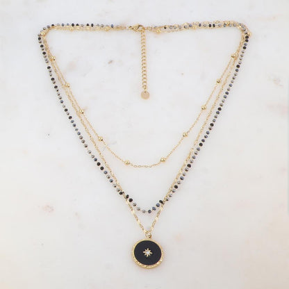 Collier 3 rangs avec perles émaillées, petites boules, pendentif rond émaillé, étoile et strass (40/42/45+5CM)