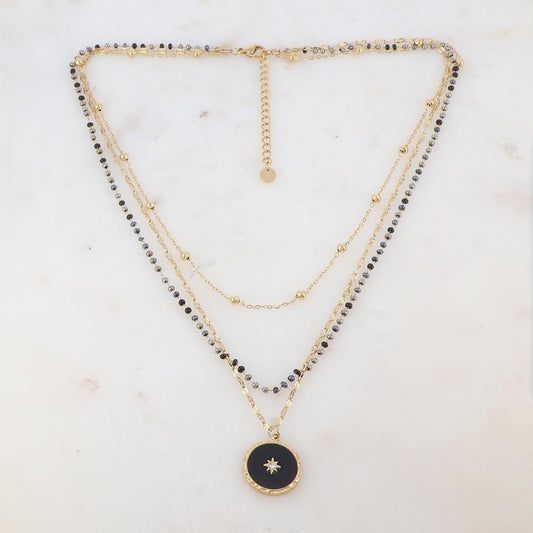 Collier 3 rangs avec perles émaillées, petites boules, pendentif rond émaillé, étoile et strass (40/42/45+5CM)