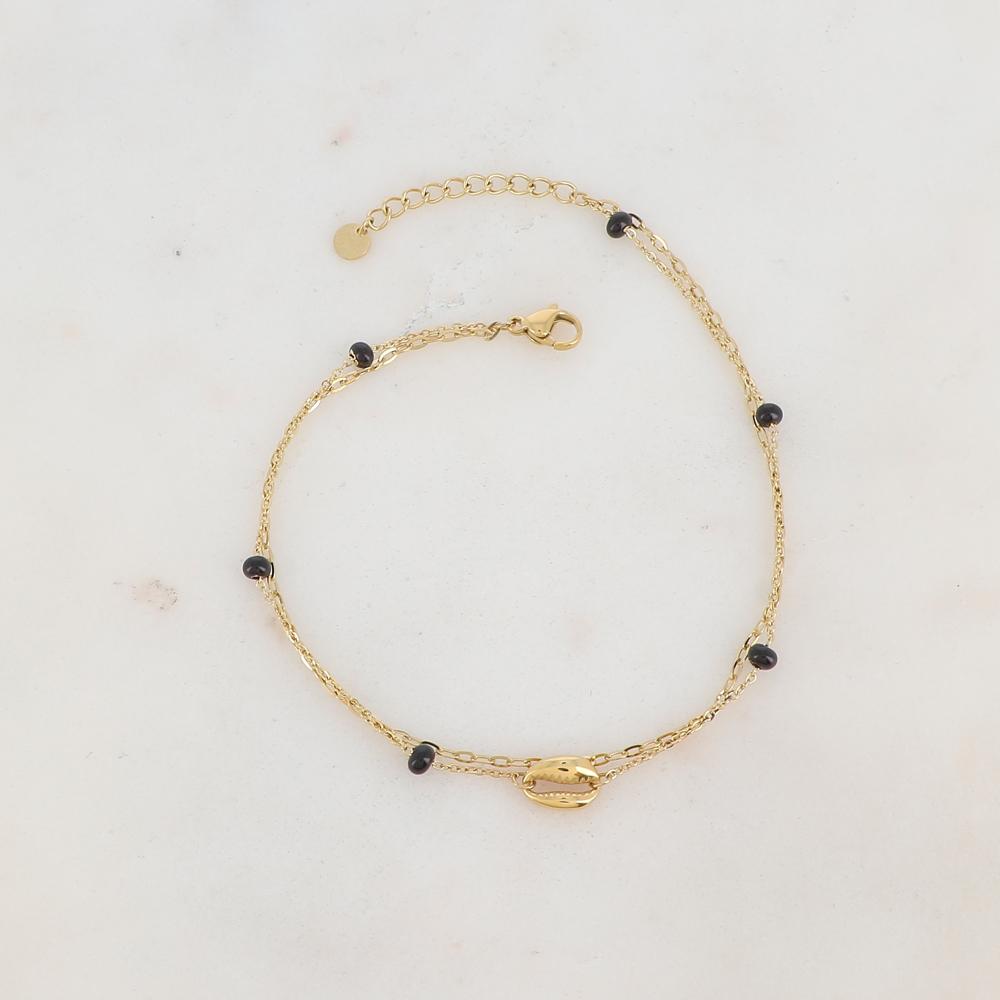 Chaîne de cheville deux rangs avec boules émaillées et cauri (22 + 3CM)