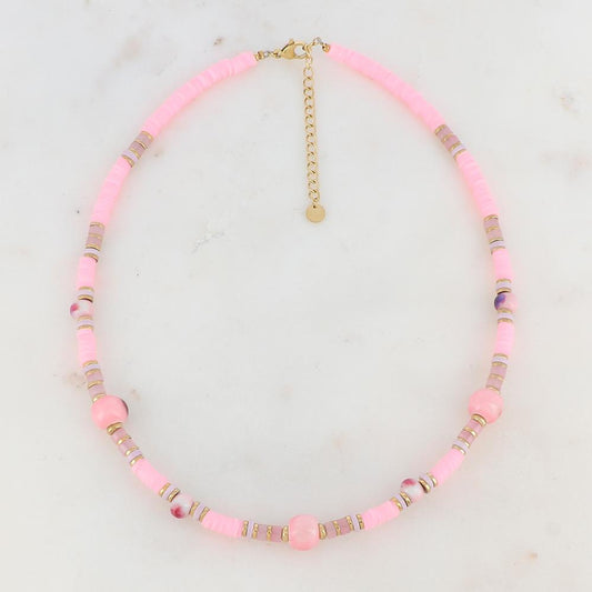 Collier doré avec des perles en céramique émaillée, des perles heishi et des pierres naturelles roses 39+5 cm