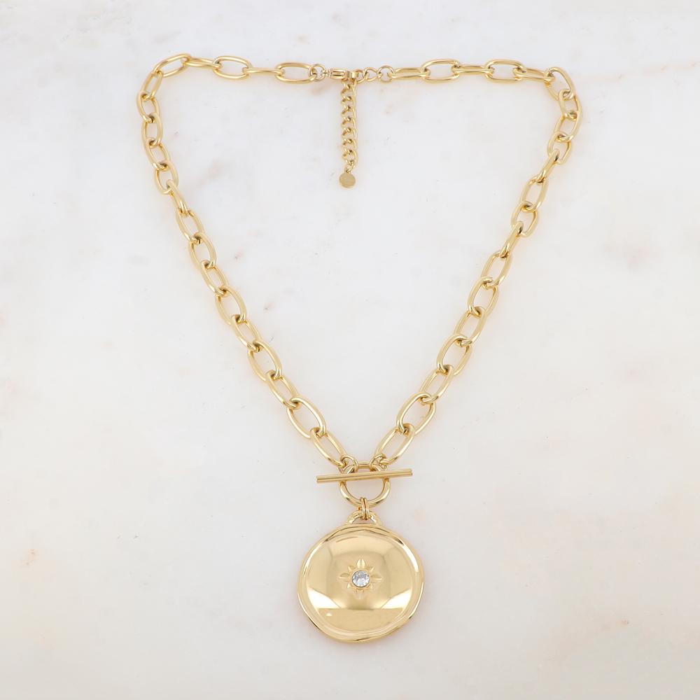 Collier en maille avec pendentif rond, étoile et strass (45+5CM)