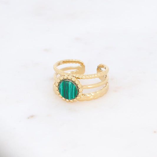 Bague 3 rangs avec une pierre reconstituée ronde - Malachite