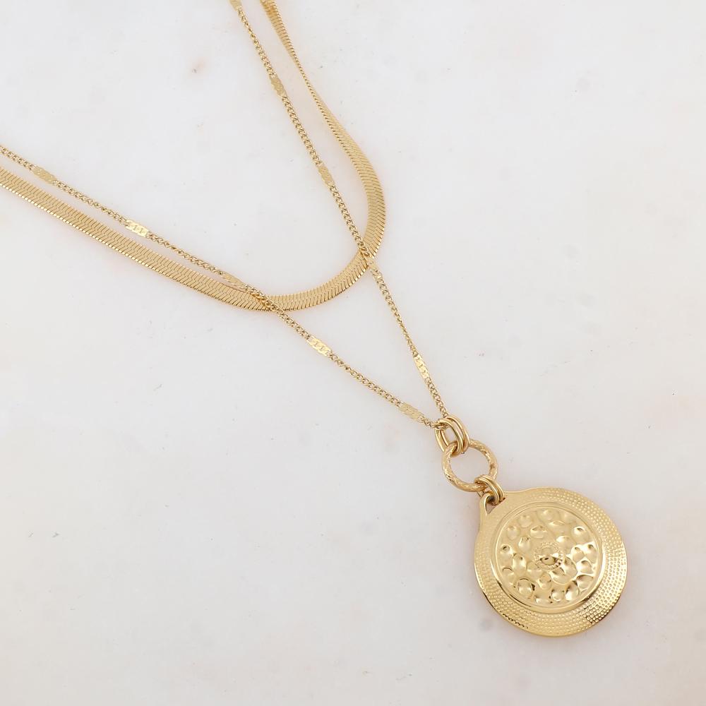 Collier 2 rangs avec maille, pièce ronde martelée (4048+7CM)