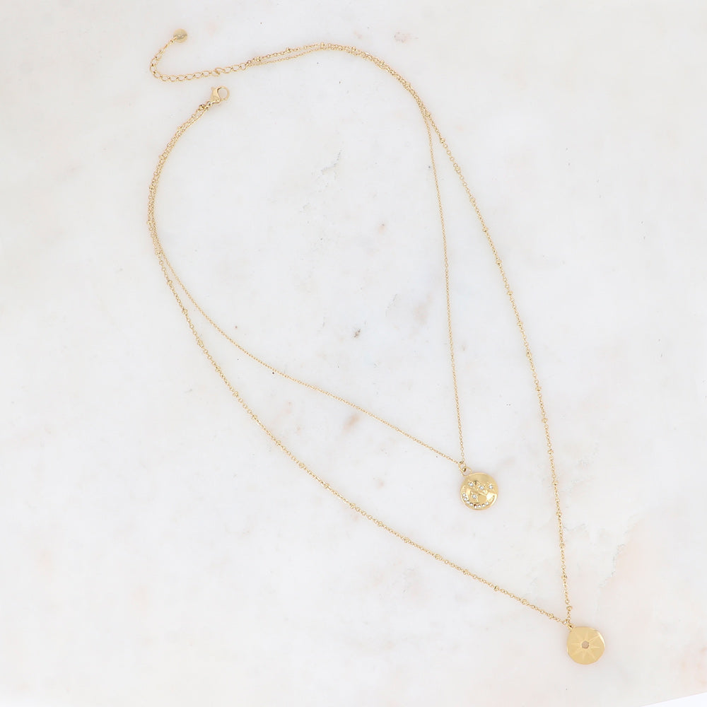 Collier 2 rangs, lune, étoiles et oxydes de zirconium 40/50+5 cm