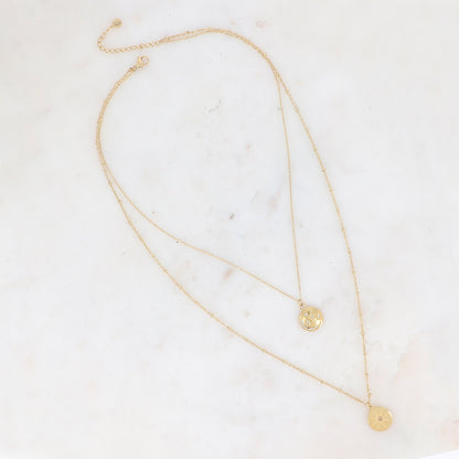 Collier 2 rangs, lune, étoiles et oxydes de zirconium 40/50+5 cm
