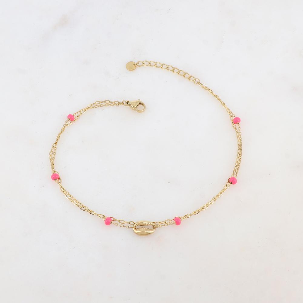 Chaîne de cheville deux rangs avec boules émaillées et cauri (22 + 3CM)