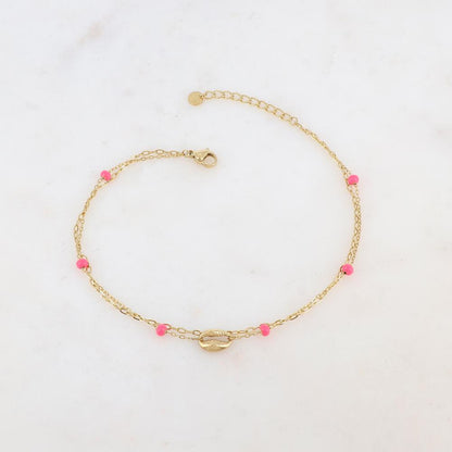 Chaîne de cheville deux rangs avec boules émaillées et cauri (22 + 3CM)
