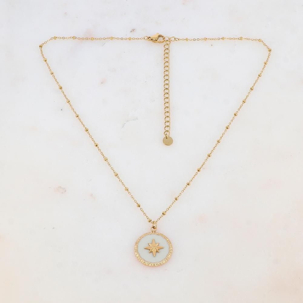 Collier avec pendentif rond émaillé blanc et étoile (38+7CM)