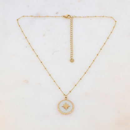 Collier avec pendentif rond émaillé blanc et étoile (38+7CM)