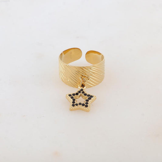 Bague effet rayé avec pampille étoile et strass - Noir