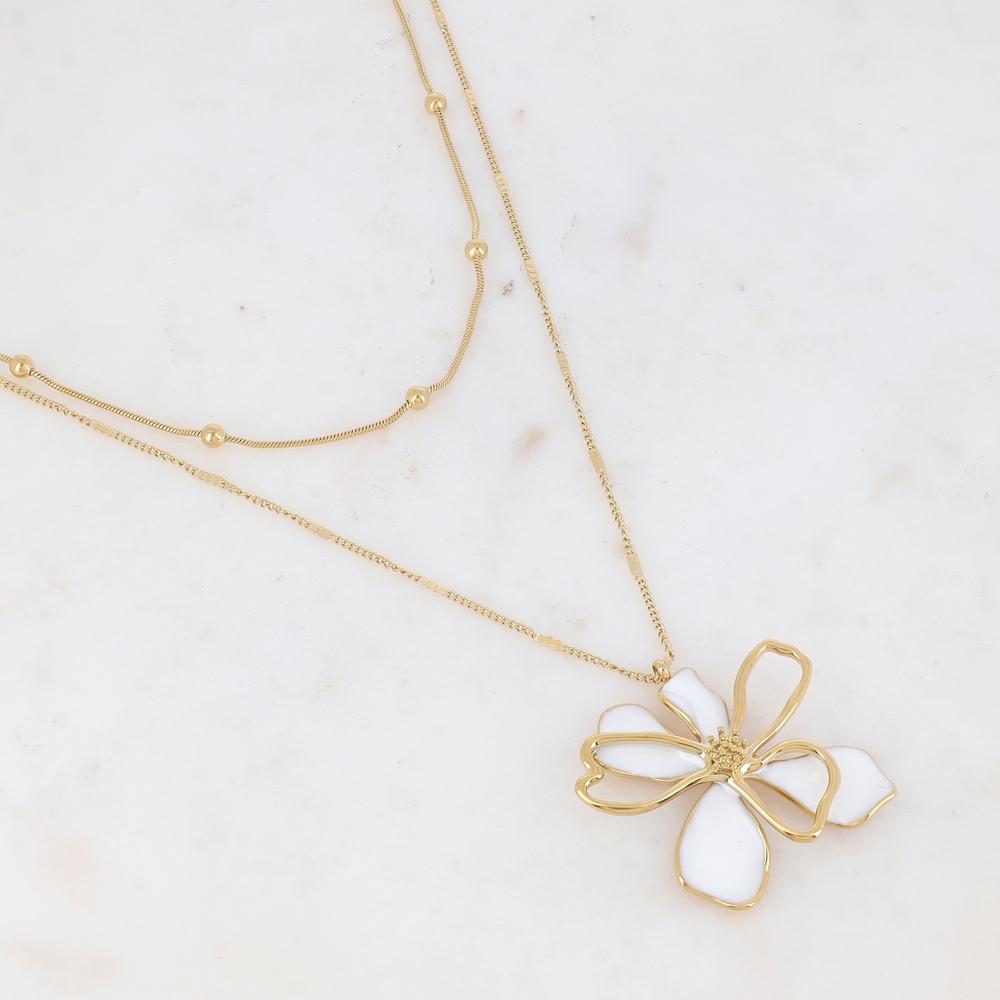 Collier double rangs doré avec une fleur émaillée blanche 40/55+7 cm